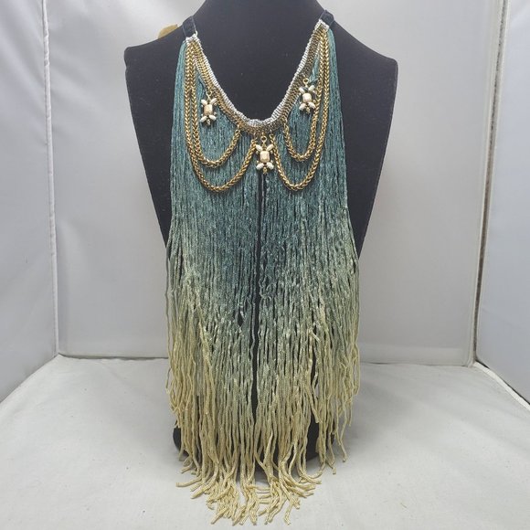 Gimmicks by BKE Teal and Gold Fringe Necklace - Picture 1 of 8